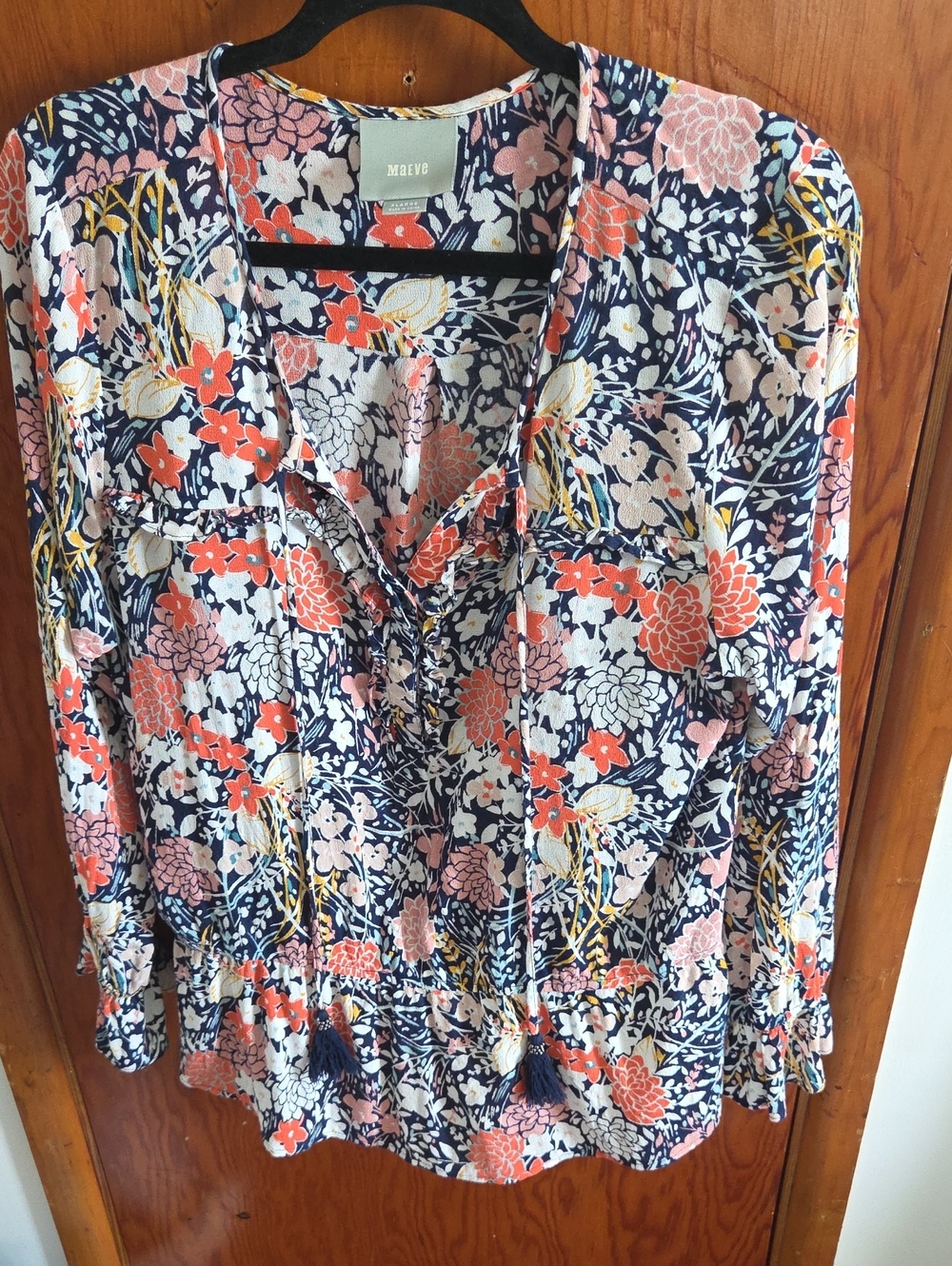 Maeve Navy Floral Tie-Neck Blouse with Coral & Pink Accents